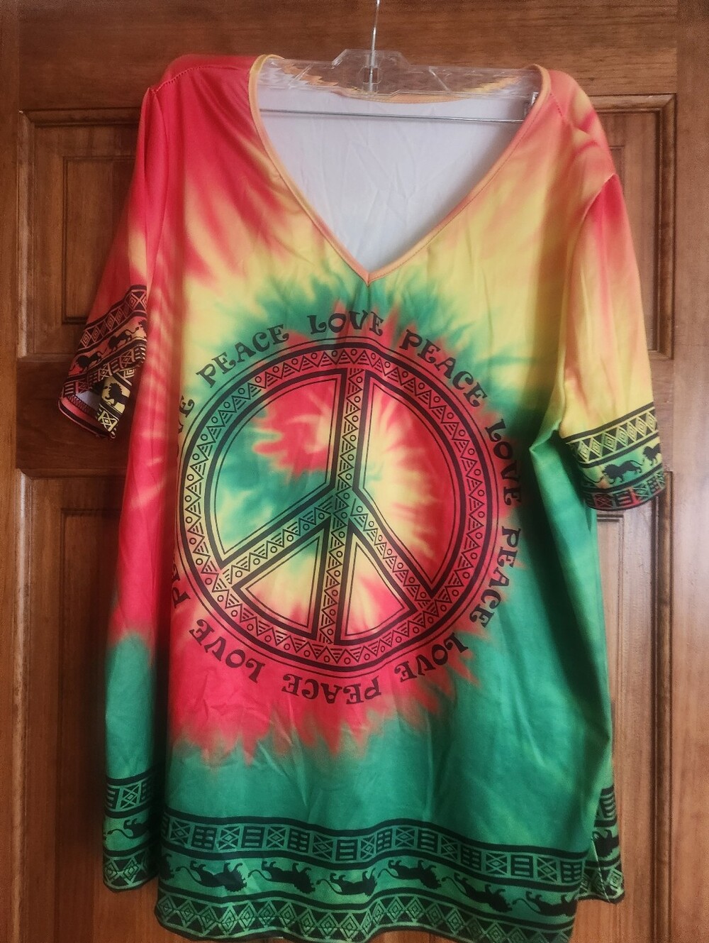 Tie-Dye Peace Sign V-Neck Tunic Top - Red Green Yellow Size L/XL